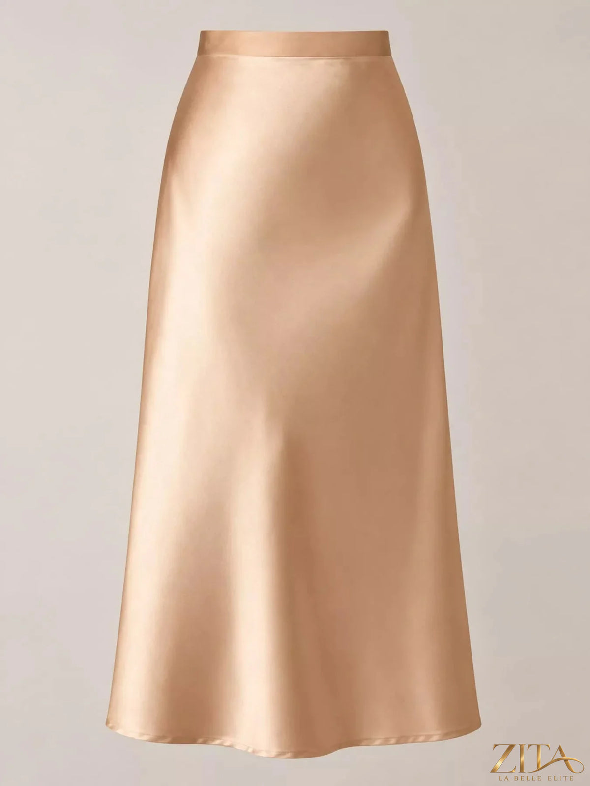 High-waisted satin midi skirt in soft sheen fabric, stylish and elegant for everyday wear or special occasions.