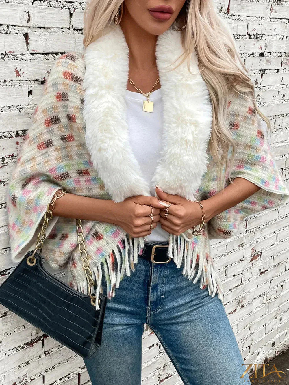 Fuzzy open front fringe poncho in neutral tones, stylish and cozy Trendsi fringed outerwear for casual wear