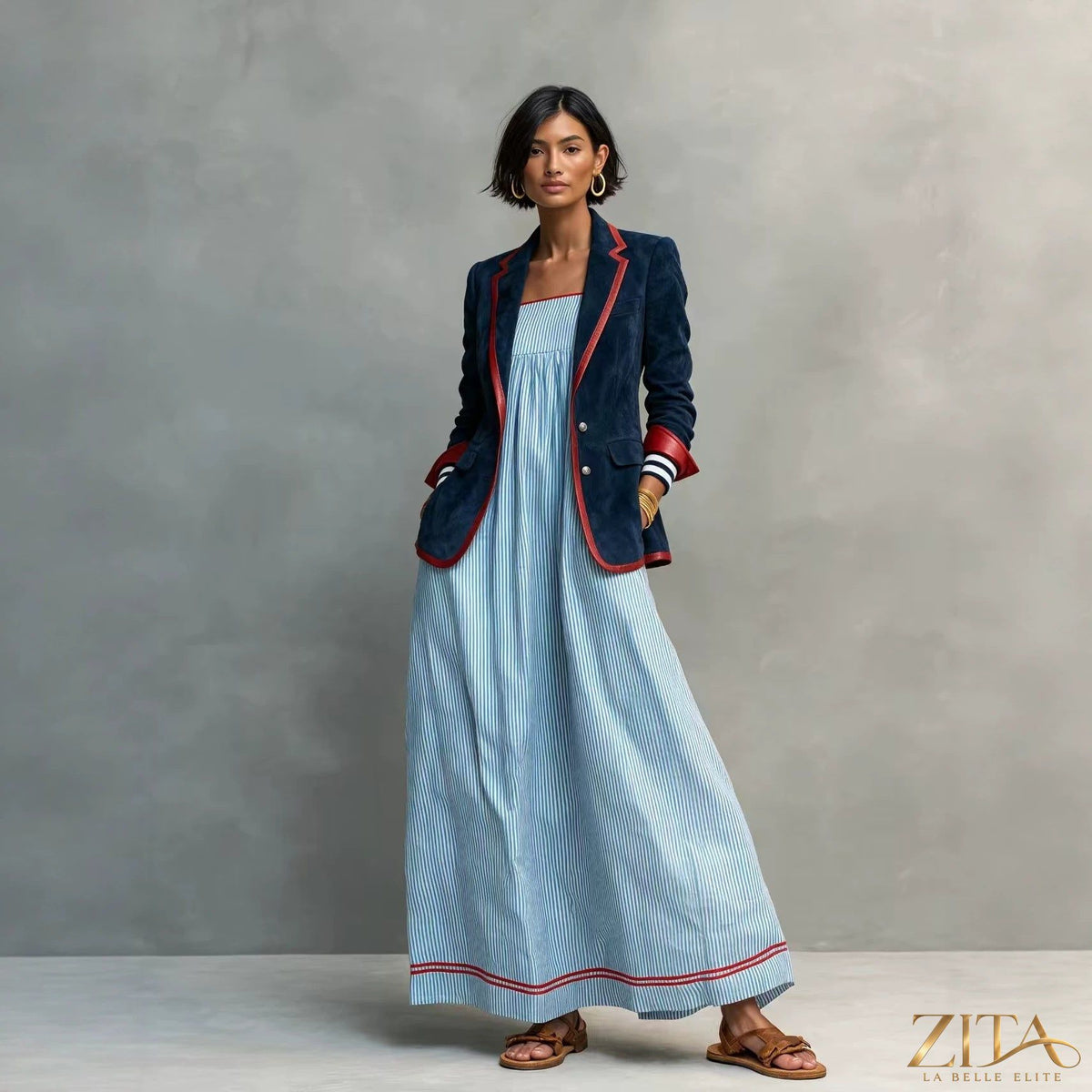 Zita La Belle Elite suede color-block blazer with contrast trim, stylish coat featuring bold color contrasts and a tailored fit.