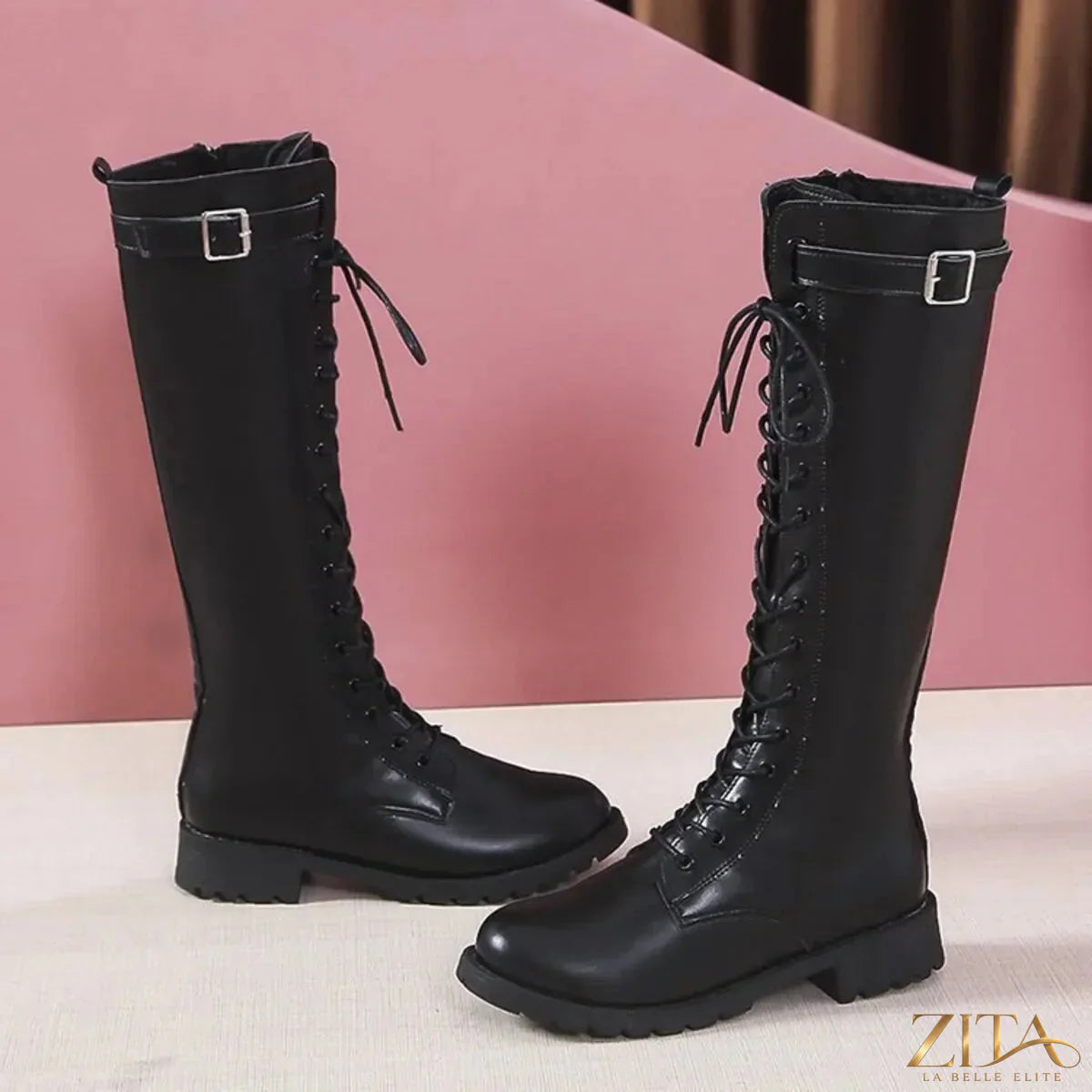 Leather lace-up combat boots by Zita La Belle Elite featuring sturdy design and rugged style, shown in a close-up shot.