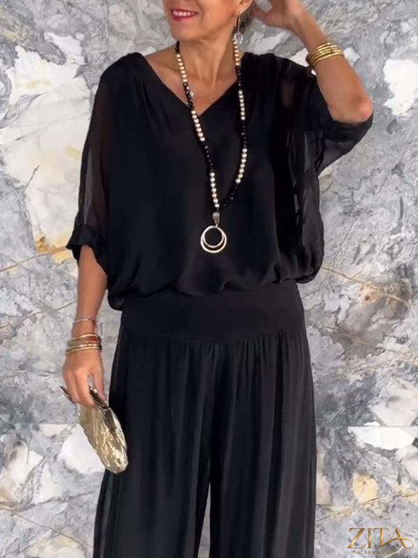 Zita La Belle Elite solid-color chiffon two-piece casualwear set with long sleeves and wide-leg pants in various colors.