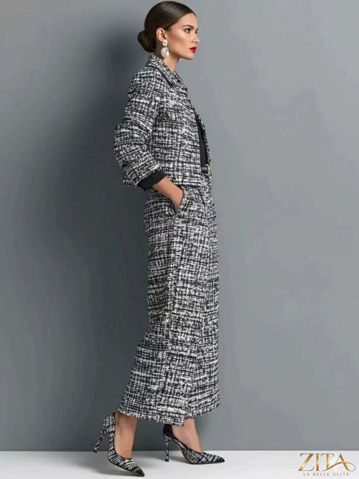 Zita La Belle Elite tweed cropped jacket and wide-leg pants two-piece set displayed on a model in a stylish indoor setting.