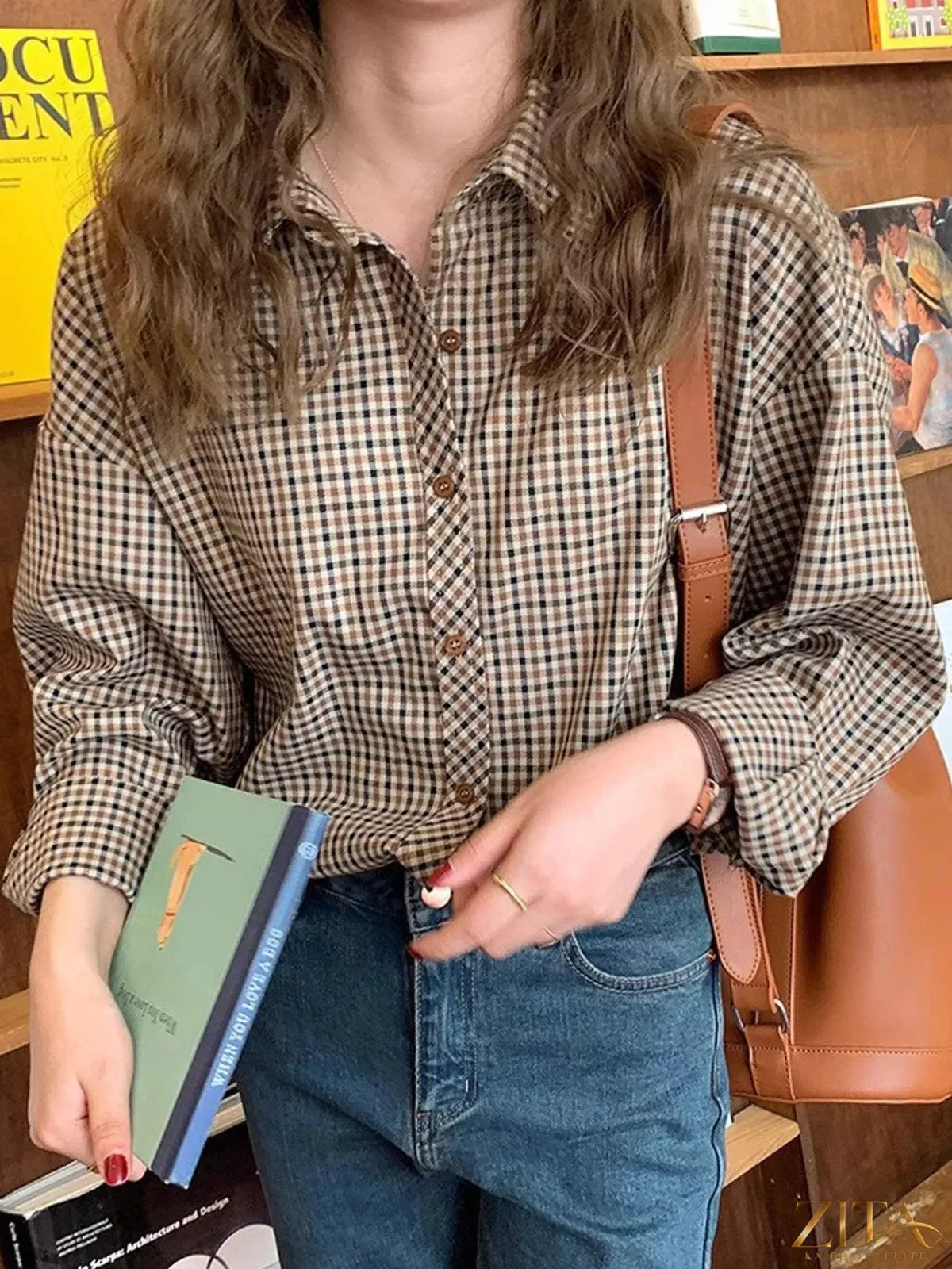 Zita La Belle Elite plaid button-down shirt with red, black, and white checks, featuring a classic collar and front buttons.