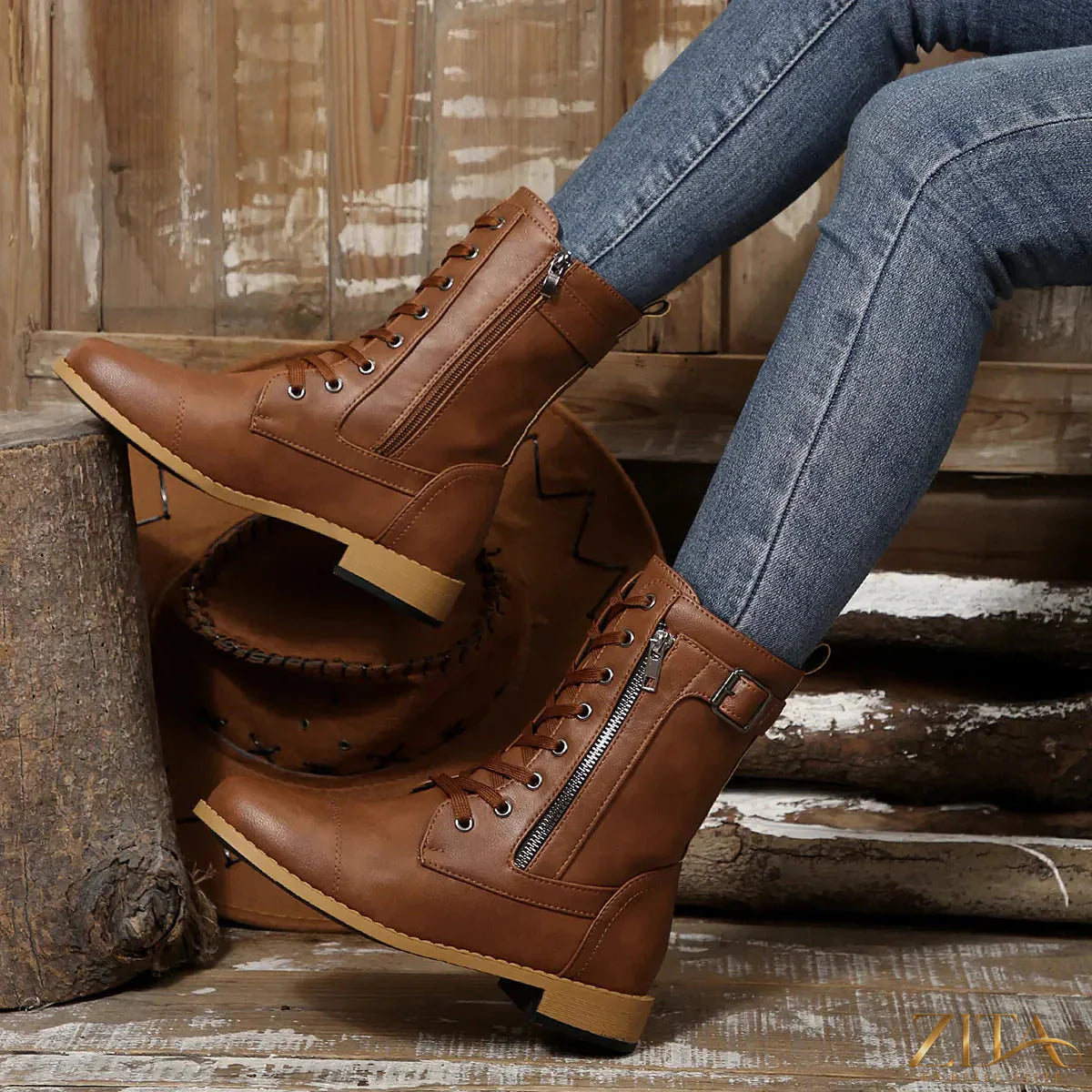 Zita La Belle Elite round toe lace-up block heel boots with stylish design and ankle-length silhouette.