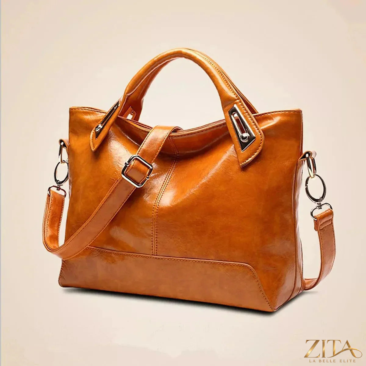 Vintage style PU leather tote handbag with adjustable shoulder strap by Zita La Belle Elite, featuring a spacious interior and classic design.