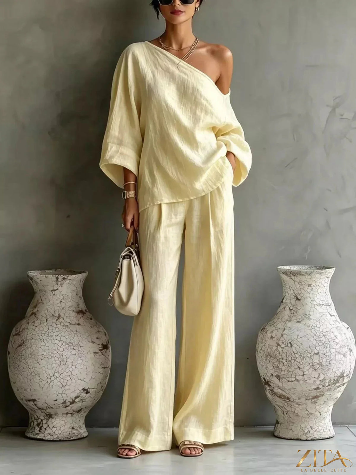 Zita La Belle Elite one shoulder top and wide leg pants set, stylish and elegant fashion ensemble, front view