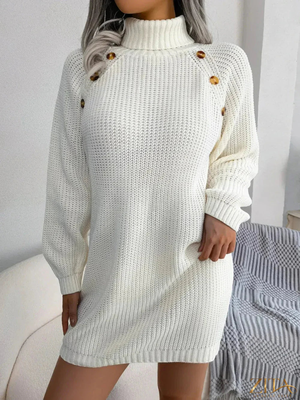 Decorative button turtleneck sweater dress by Trendsi featuring a cozy knit fabric and stylish button details.