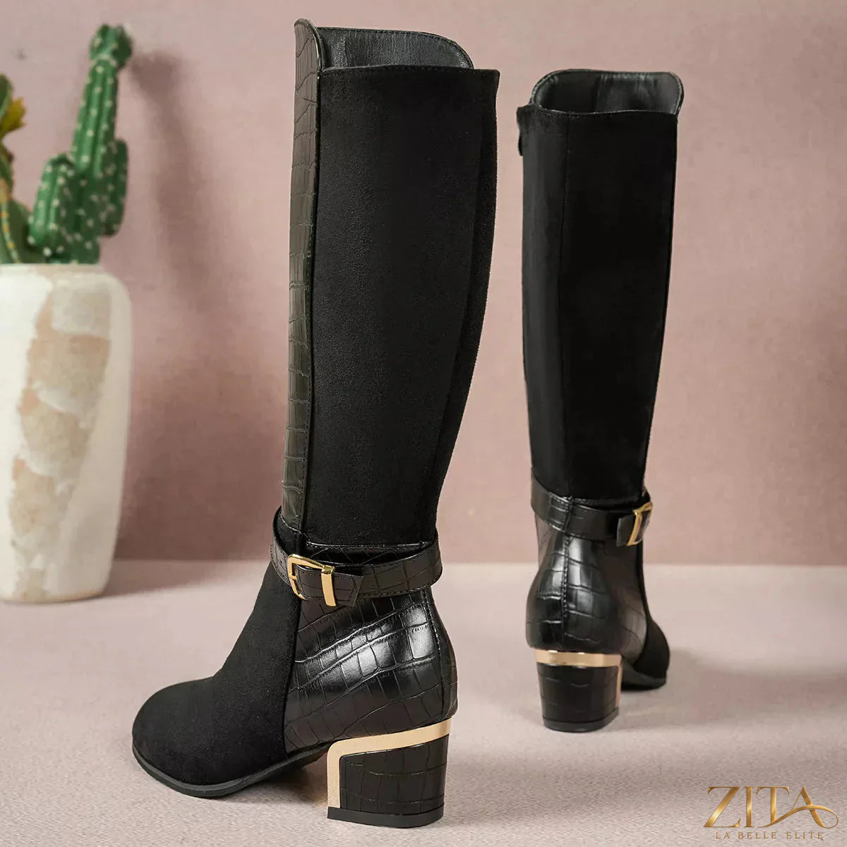 Zita La Belle Elite crocodile texture knee-high boots with sleek design and pointed toes, showcasing the stylish leather finish.