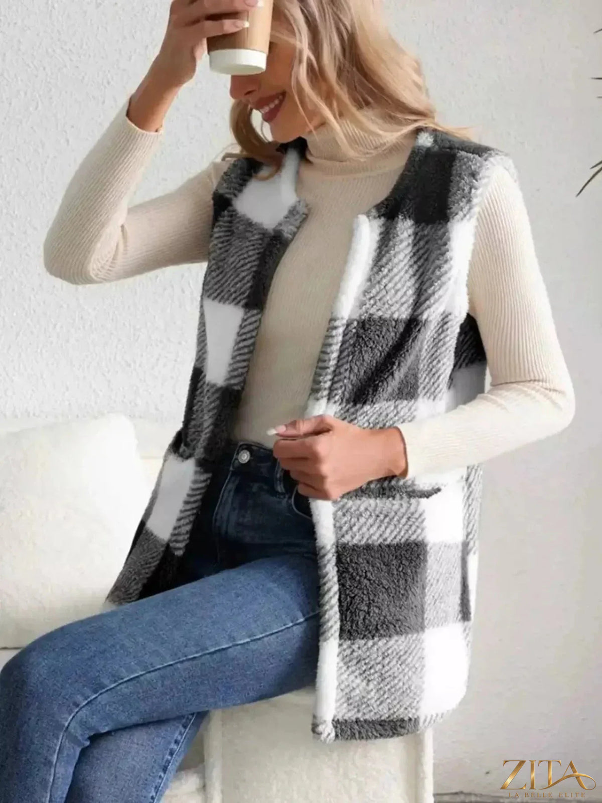 Zita La Belle Elite cozy plaid sherpa vest coat with soft lining, perfect for warm winter layering and stylish comfort.