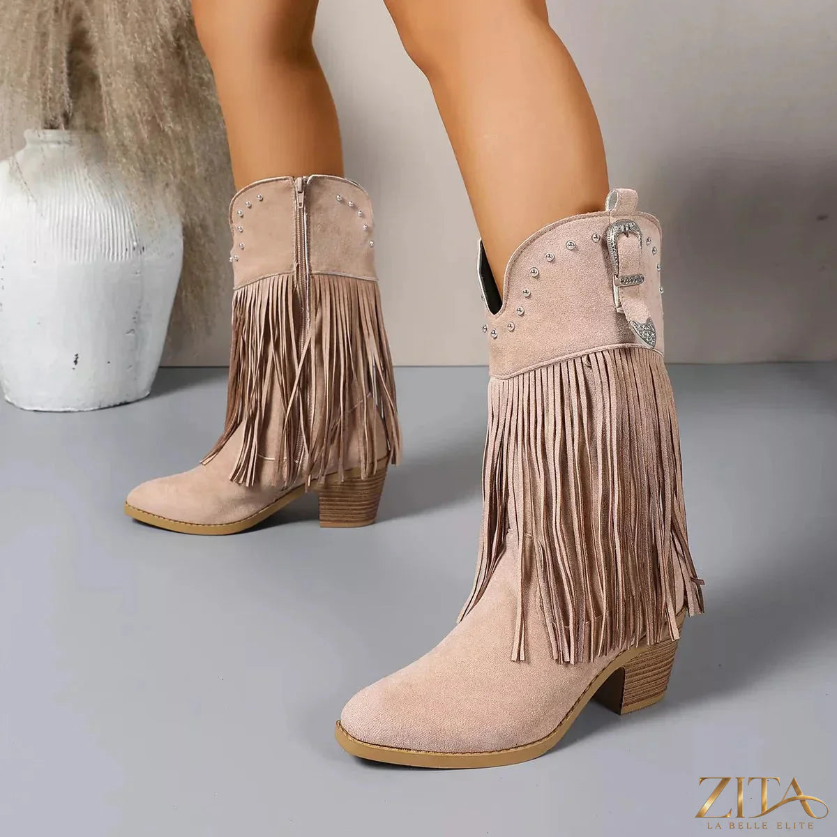 Zita La Belle Elite fringe round toe block heel boots with stylish design and ankle-high silhouette.