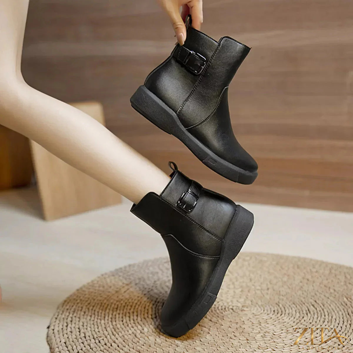 Zita La Belle Elite round toe platform boots with chunky heels and sleek black leather finish.