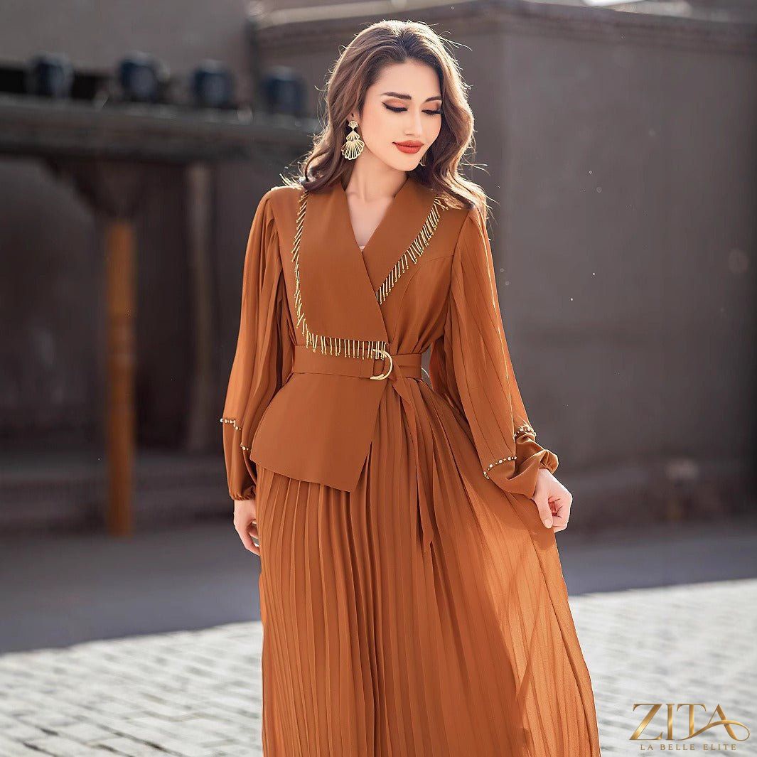 Zita La Belle Elite hand-beaded V-neck pleated maxi gown with bubble sleeves and crystal embellishments, elegant evening dress.