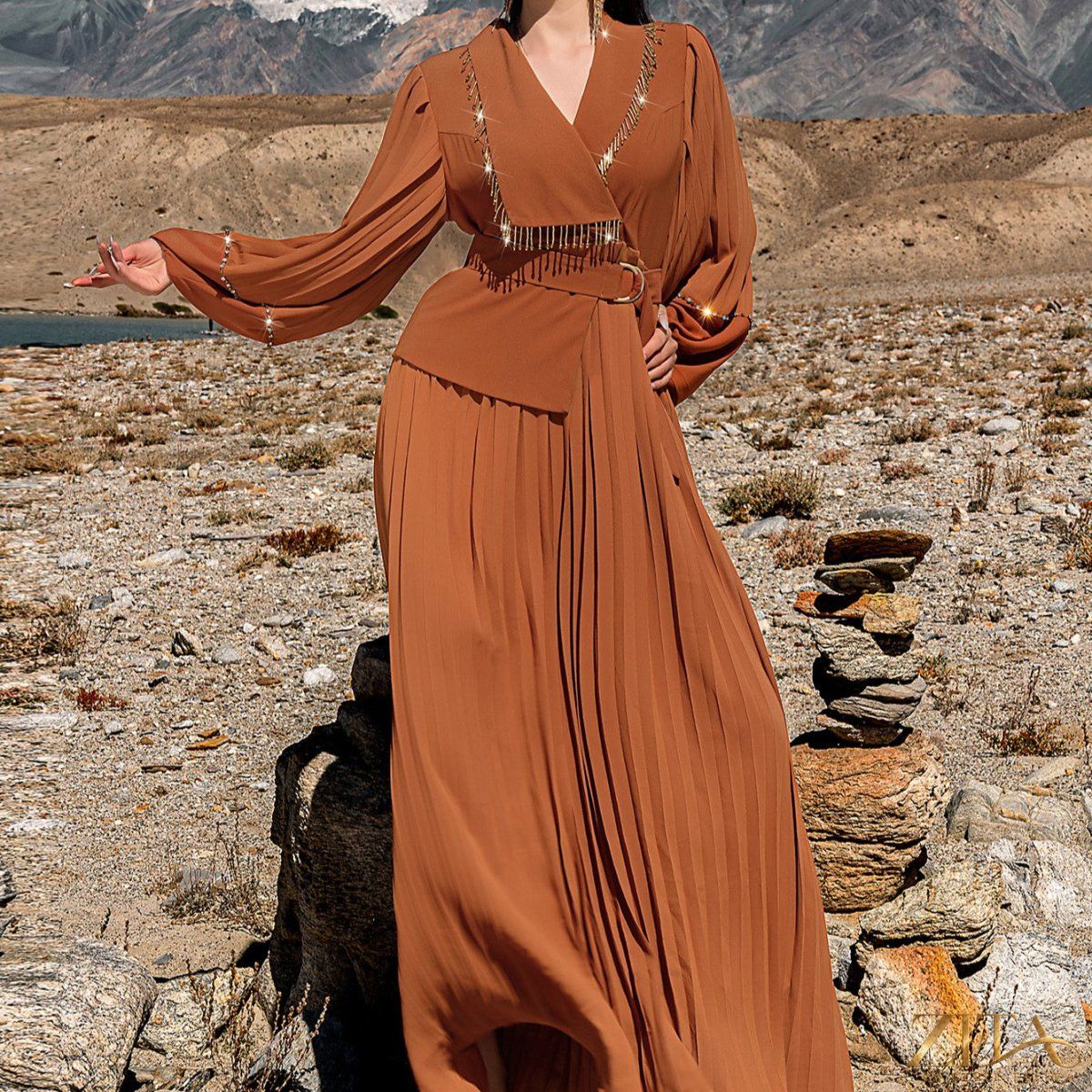 Zita La Belle Elite hand-beaded V-neck pleated maxi gown with bubble sleeves and crystal embellishments, elegant evening dress.