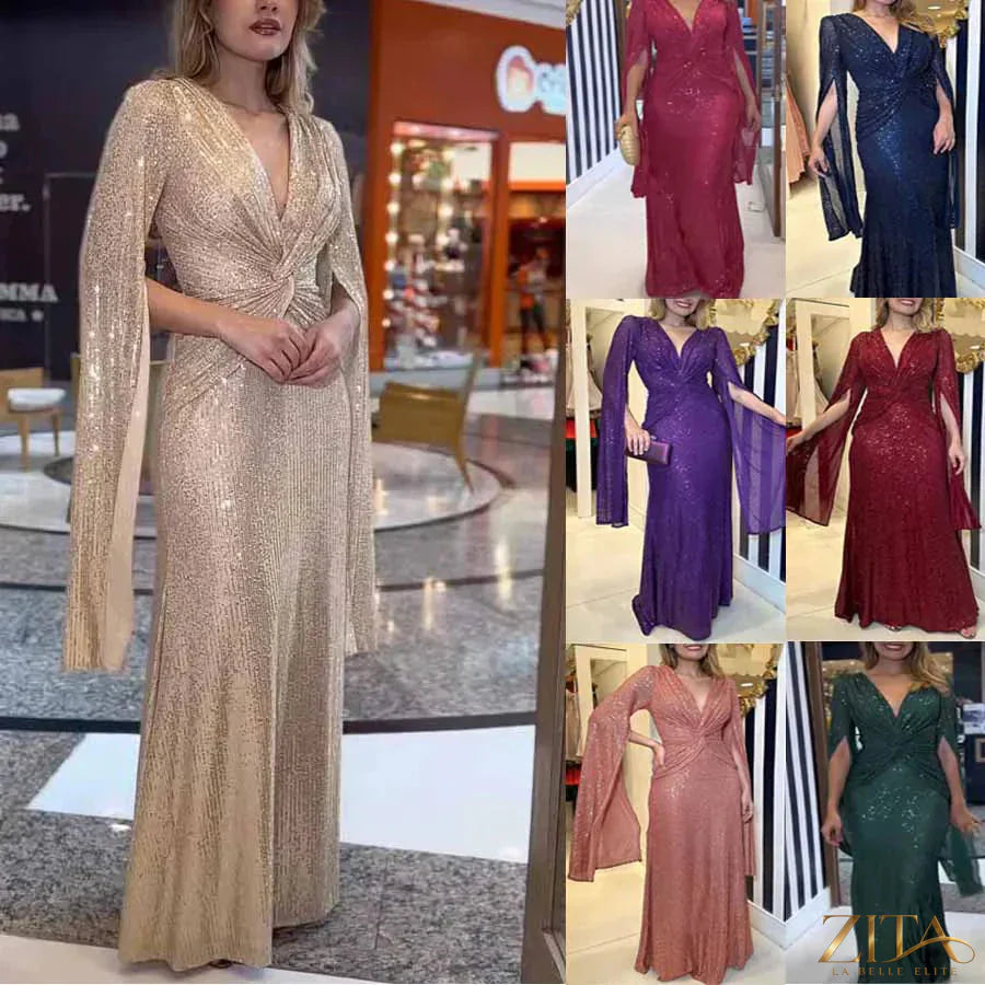Zita La Belle Elite women's sequin formal floor-length evening dress with a fitted bodice and flowing skirt.
