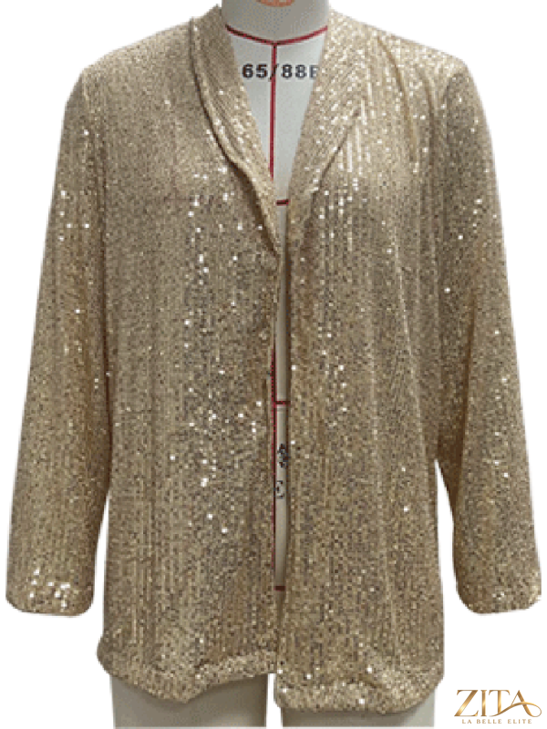 Women's sequined blazer by Zita La Belle Elite, long sleeve dress with lapel collar, shown in multiple colors.