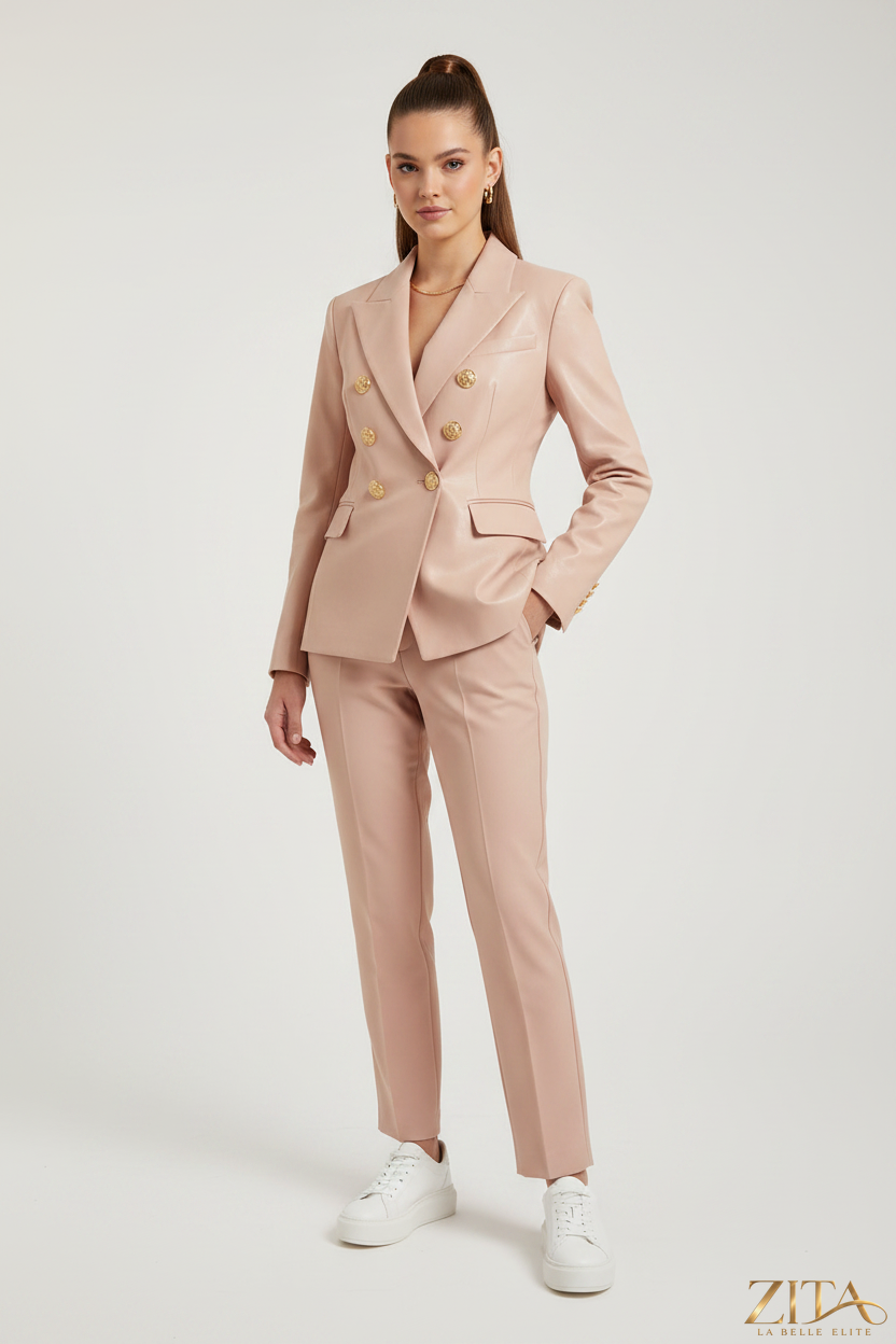 Blush pink double-breasted blazer with gold buttons from Zita La Belle Elite, tailored with a stylish fit and elegant design.
