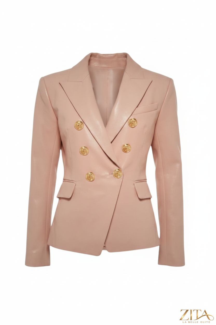 Blush pink Zita La Belle Elite double-breasted blazer with gold buttons, tailored fit, and stylish lapel details.
