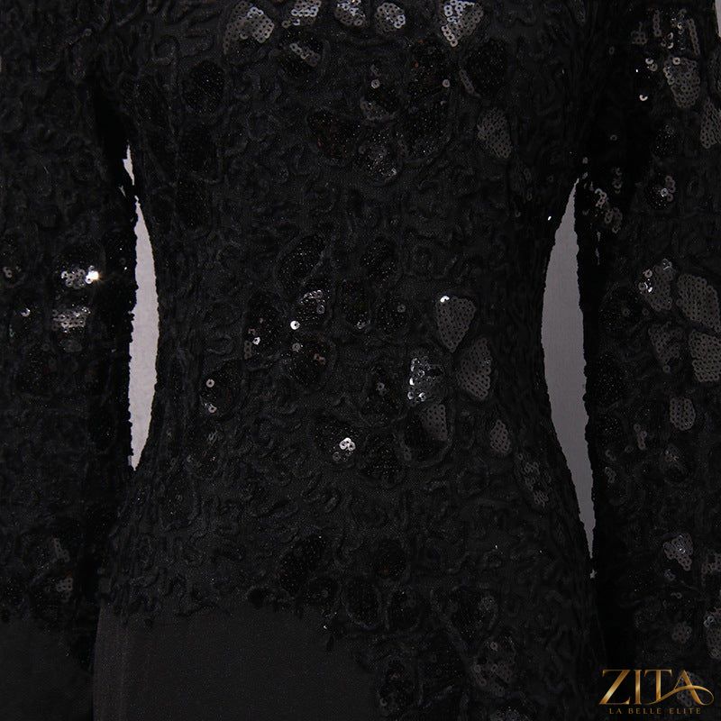 Lace embroidered vintage mermaid gown with elegant fishtail design, crafted by Zita La Belle Elite.