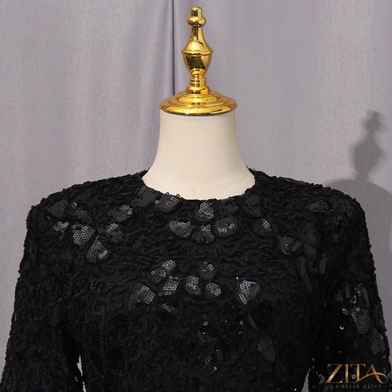 Elegant vintage lace embroidered mermaid gown by Zita La Belle Elite, featuring a fitted fishtail design and intricate embroidery.
