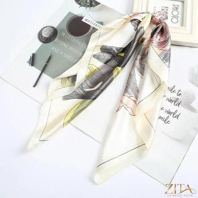 Square satin silk scarf by Zita La Belle Elite, 24x24 inches, featuring a vibrant, multi-functional design for hair and accessories.