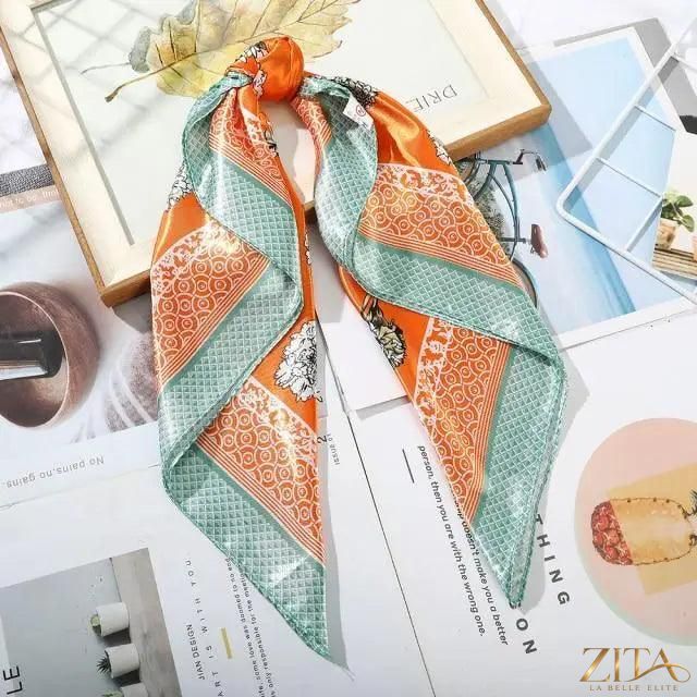 Square satin silk scarf by Zita La Belle Elite, 24x24 inches, featuring a stylish multi-functional design for headbands or hair accessories.