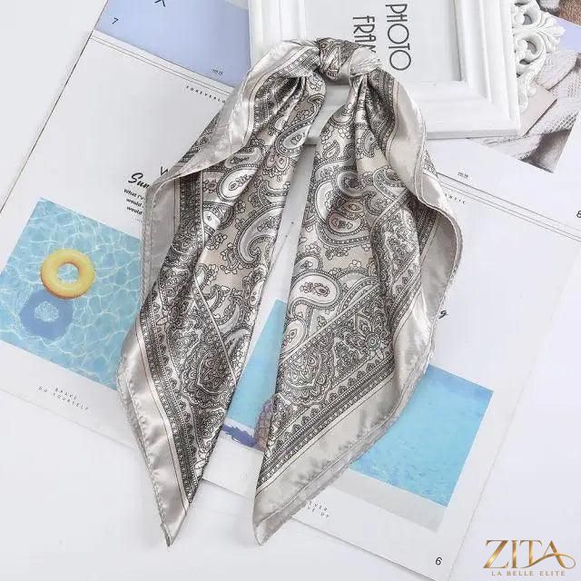 Square satin silk scarf by Zita La Belle Elite, 24x24 inches, featuring vibrant patterns, versatile as headbands or hair accessories.