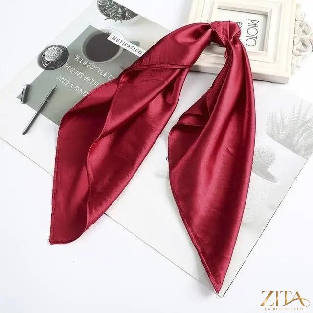 Zita La Belle Elite square satin silk scarf, 24x24 inches, shown as a versatile headband and hair accessory with vibrant colors.