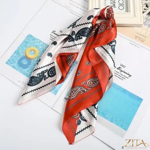 Square satin silk scarf by Zita La Belle Elite, 24x24 inches, featuring a vibrant, multi-functional design for headbands and hair accessories.