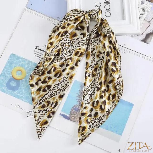 Square satin silk scarf by Zita La Belle Elite, 24x24 inches, shown styled as a headband and hair accessory.