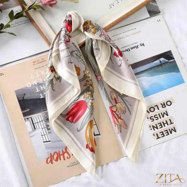Square satin silk scarf by Zita La Belle Elite, 24x24 inches, featuring a vibrant pattern, versatile for headbands or hair accessories.