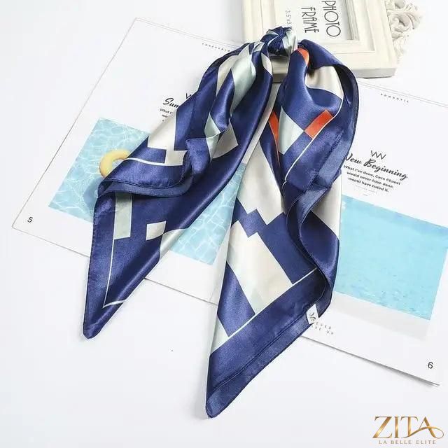 Square satin silk scarf by Zita La Belle Elite, 24x24 inches, shown as a versatile headband and hair accessory.