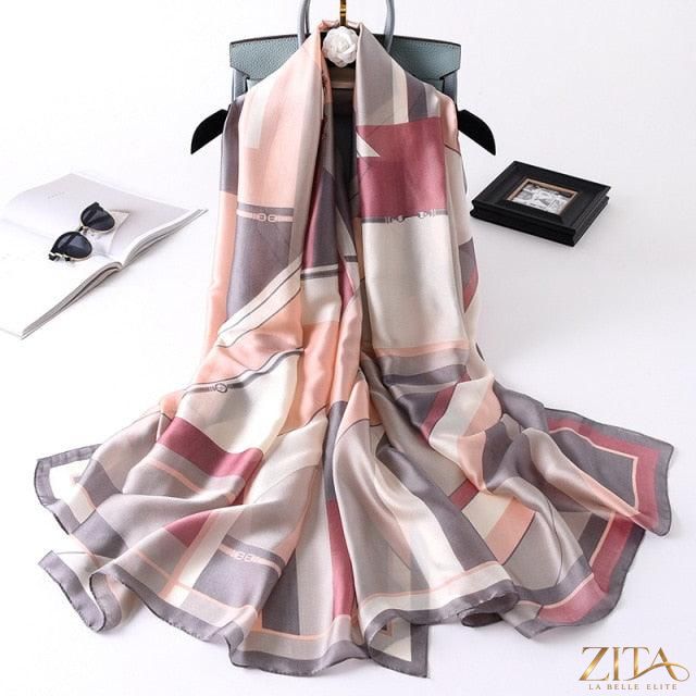Luxury Zita La Belle Elite long printed silk scarf shawl with intricate design, perfect as a stylish head wrap or neck accessory.