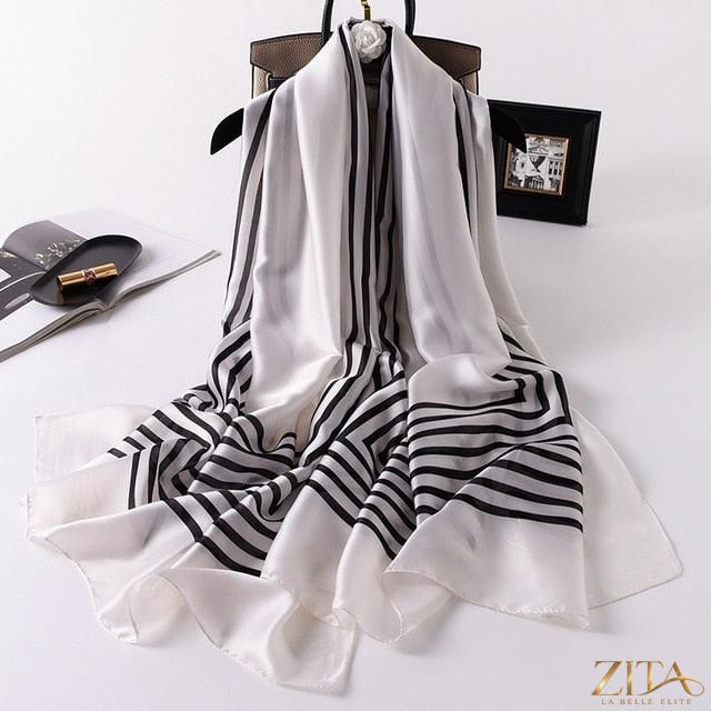 Zita La Belle Elite luxury long printed silk scarf shawl, stylish winter accessory with intricate print and versatile wrap design.