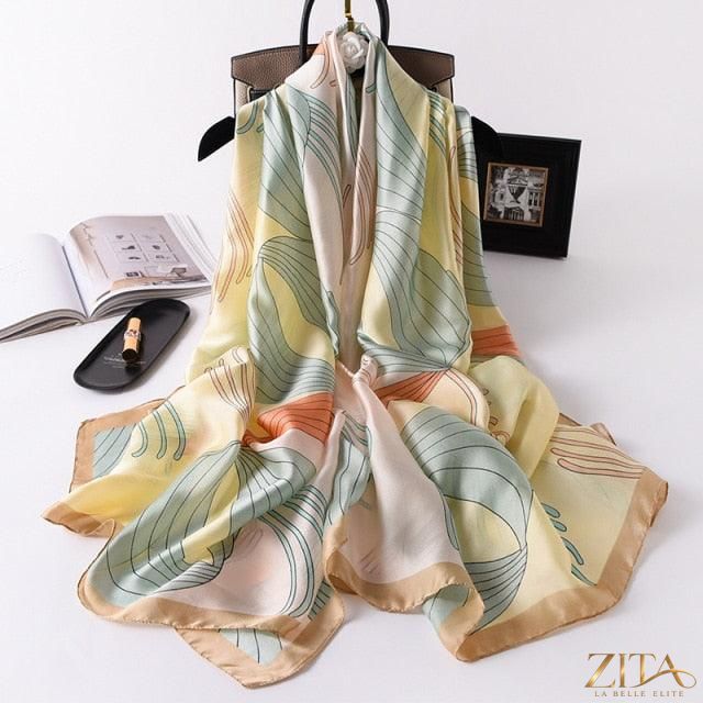 Luxury Zita La Belle Elite long printed silk scarf shawl with vibrant floral print, perfect for stylish head wraps and neck scarves.