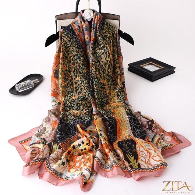 Luxury long printed silk scarf from Zita La Belle Elite featuring elegant design, perfect for stylish head wraps, shawls, and neck accessories.