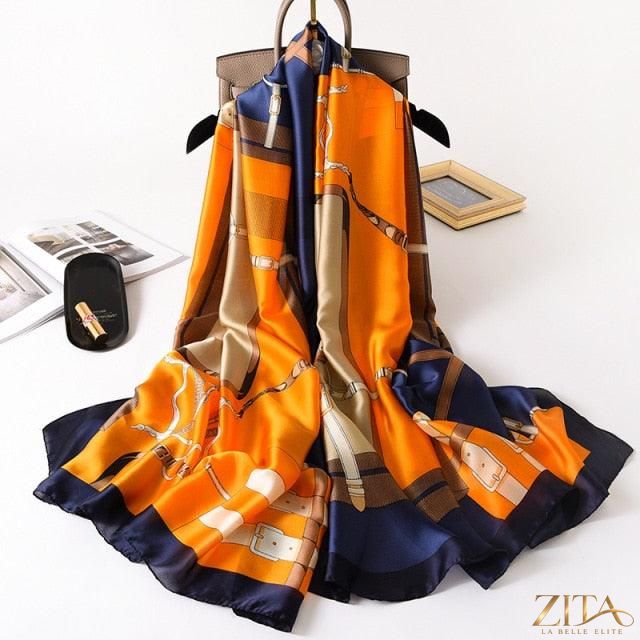 Luxury long printed silk scarf by Zita La Belle Elite, featuring vibrant patterns, perfect as a stylish shawl or hijab accessory.