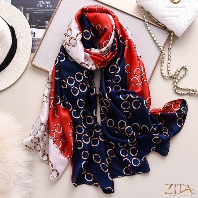 Luxury long silk scarf by Zita La Belle Elite featuring a stylish printed pattern, perfect for head wraps, neck scarves, or hijabs.