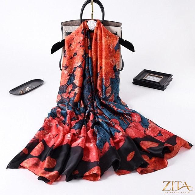 Luxury long printed silk scarf by Zita La Belle Elite, showcasing elegant design, vibrant prints, and versatile styling options.
