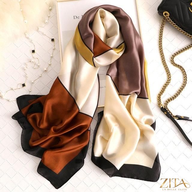 Luxury long printed silk scarf from Zita La Belle Elite, stylish winter shawl with vibrant patterns and elegant design.