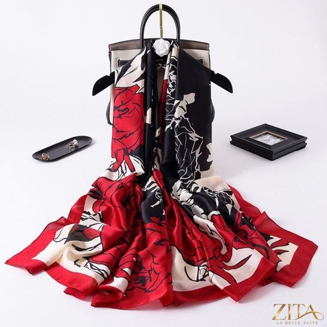 Luxury Zita La Belle Elite long printed silk scarf shawl, stylish winter accessory with intricate patterns and versatile wear options.