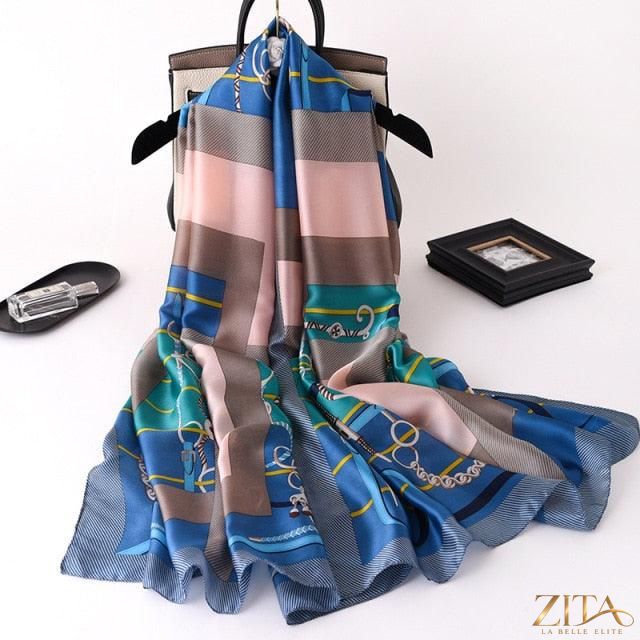 Luxury long printed silk scarf by Zita La Belle Elite, featuring a stylish design ideal for head wraps, neck scarves, and hijabs.