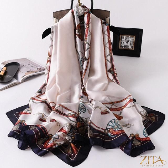 Luxury long printed silk scarf by Zita La Belle Elite, stylish winter shawl with vibrant pattern, perfect for women’s head and neck wraps.