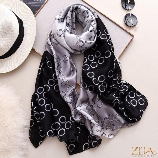 Luxury Zita La Belle Elite long printed silk scarf shawl, stylish winter wrap with vibrant patterns for women.