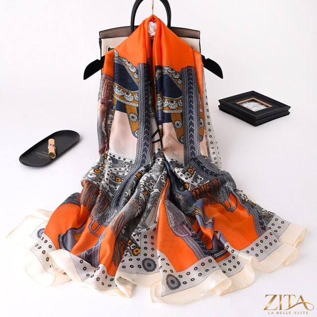 Zita La Belle Elite luxury long printed silk scarf shawl with stylish design, perfect for head wraps, neck scarves, and hijabs.