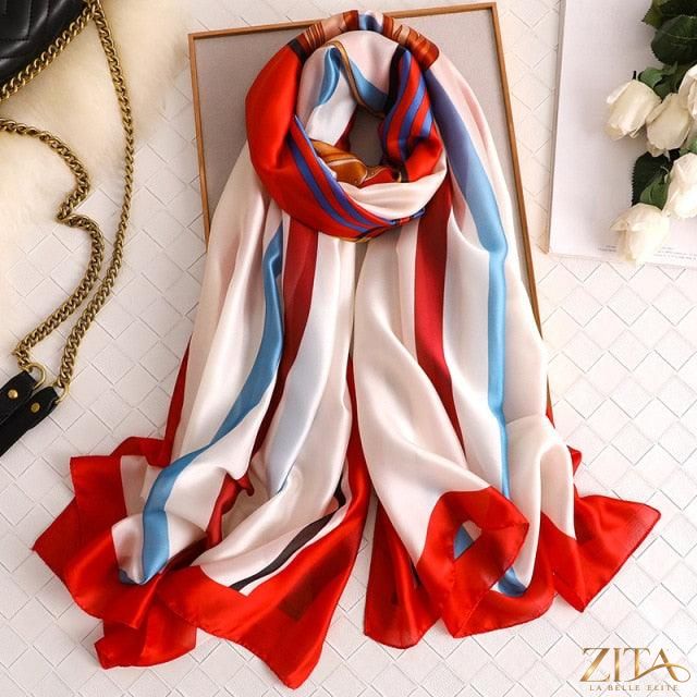 Luxury Zita La Belle Elite long printed silk scarf shawl, stylish winter wrap with vibrant pattern for women.