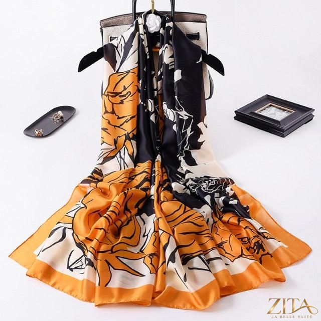 Luxury long printed silk scarf by Zita La Belle Elite, featuring stylish design, perfect for winter wear and versatile head or neck wraps.