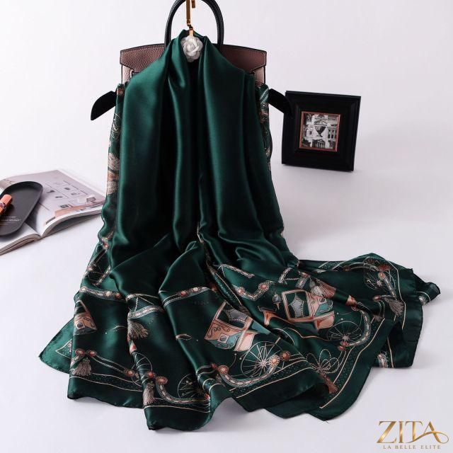 Luxury long printed silk scarf by Zita La Belle Elite, stylish winter shawl with vibrant patterns and elegant design.