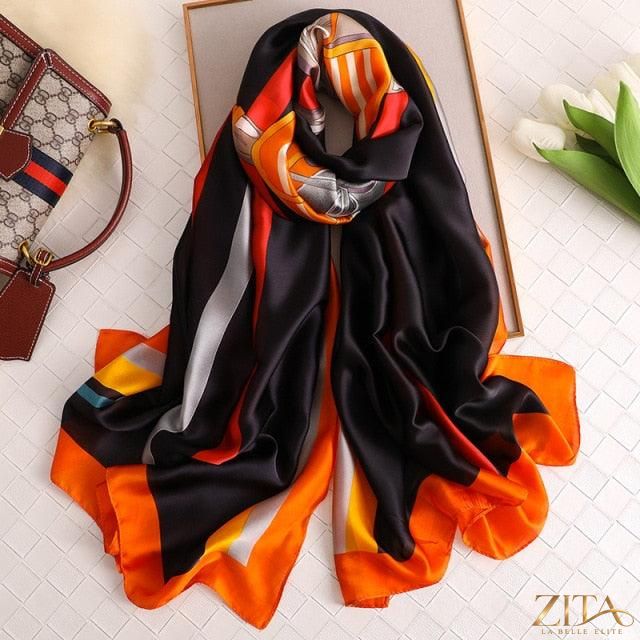 Zita La Belle Elite luxury long printed silk scarf shawl, stylish winter accessory, lightweight cotton, versatile head and neck wrap.
