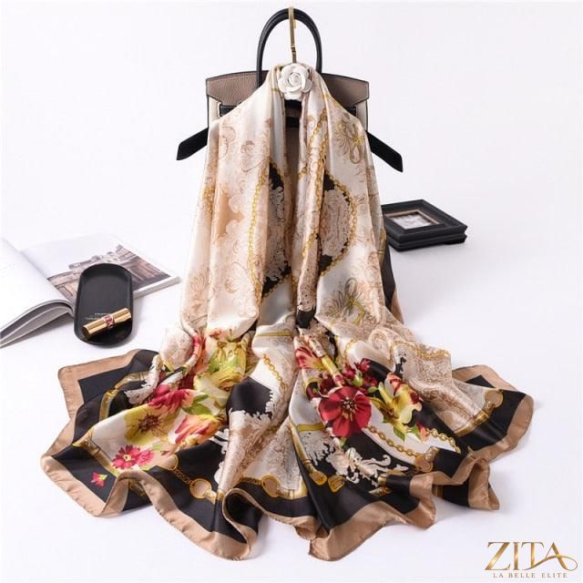 Luxury long printed silk scarf by Zita La Belle Elite, featuring vibrant patterns, perfect for stylish head wraps and neck scarves.