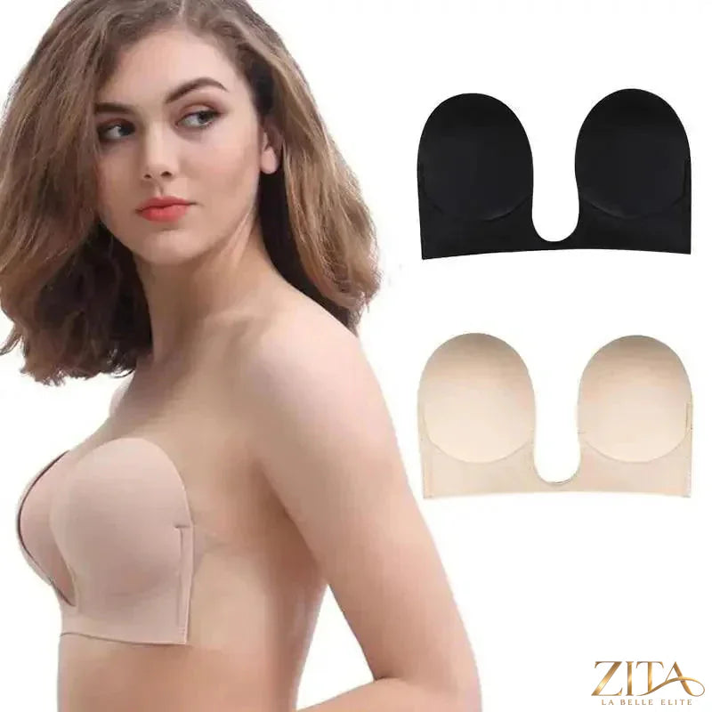 Zita La Belle Elite invisible strapless push-up adhesive bra worn under a dress for a seamless, elegant look at events or parties.